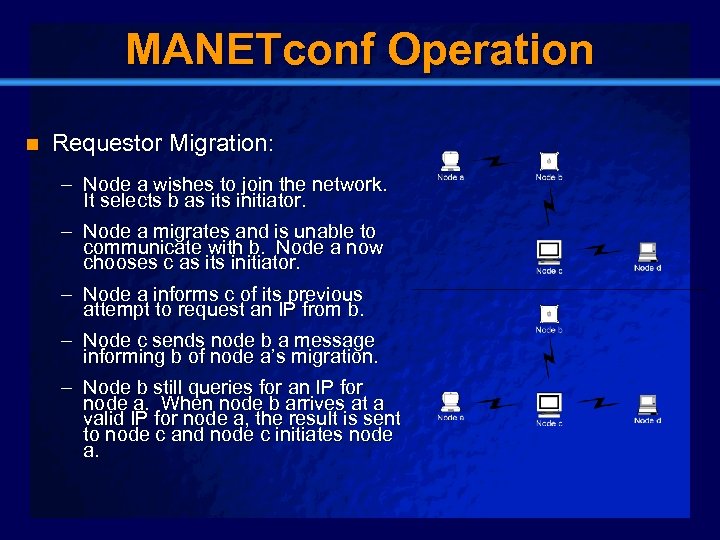 Slide 19 MANETconf Operation n Requestor Migration: – Node a wishes to join the