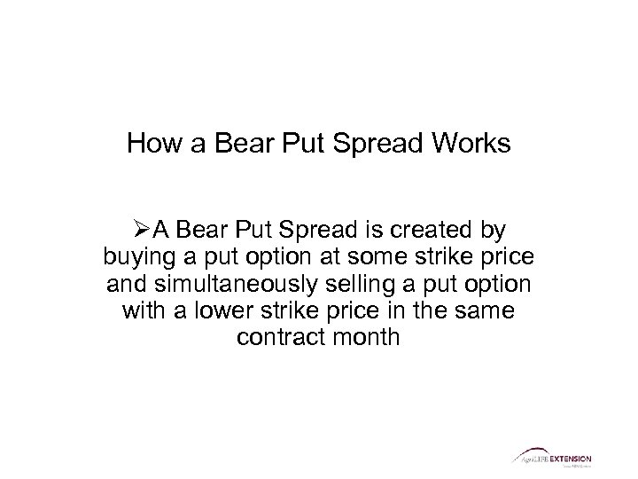 How a Bear Put Spread Works ØA Bear Put Spread is created by buying