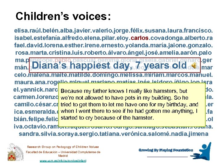 Children’s voices: elisa. raúl. belén. alba. javier. valerio. jorge. félix. susana. laura. francisco. isabel.