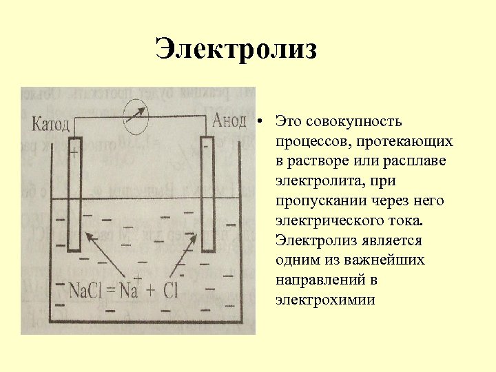 Электролиз • Это совокупность процессов, протекающих в растворе или расплаве электролита, при пропускании через