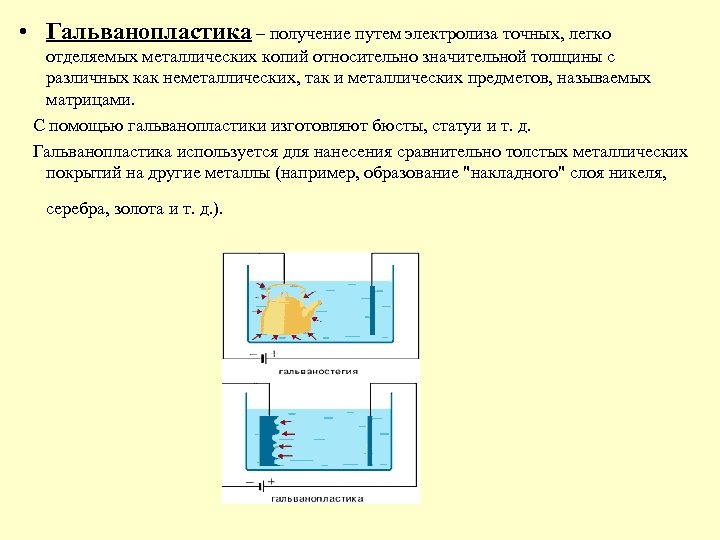  • Гальванопластика – получение путем электролиза точных, легко отделяемых металлических копий относительно значительной