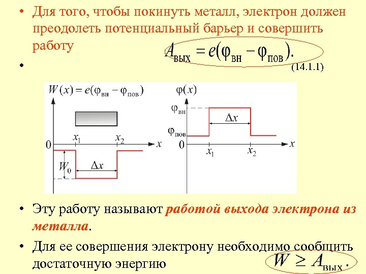  • Для того, чтобы покинуть металл, электрон должен преодолеть потенциальный барьер и совершить