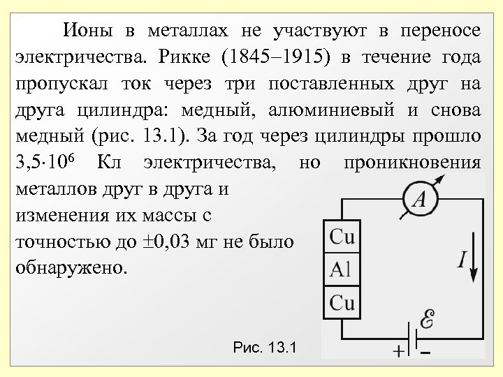  Ионы в металлах не участвуют в переносе электричества. Рикке (1845 1915) в течение