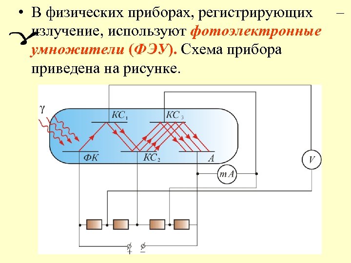  • В физических приборах, регистрирующих – излучение, используют фотоэлектронные умножители (ФЭУ). Схема прибора