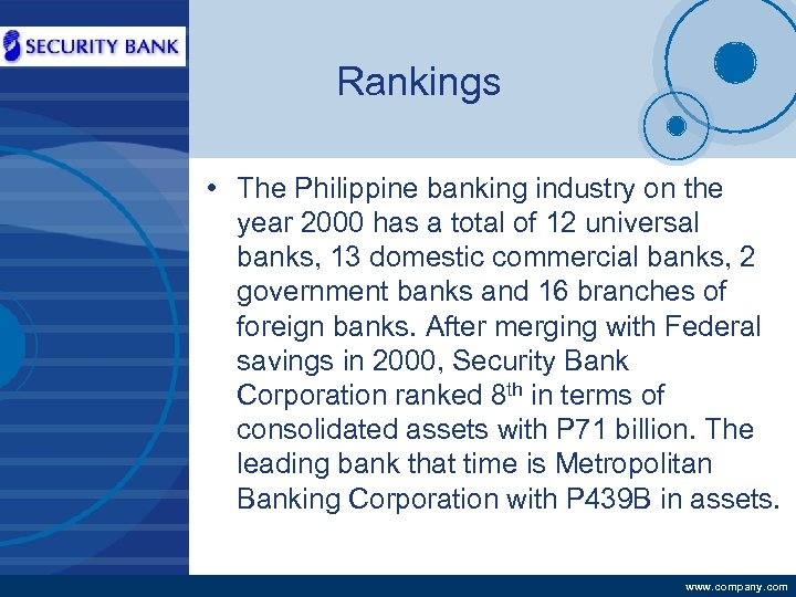 Company LOGO Rankings • The Philippine banking industry on the year 2000 has a