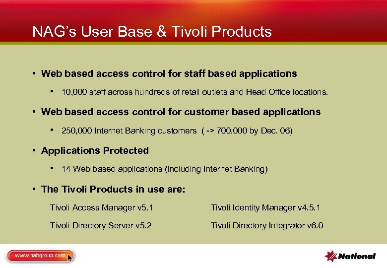 NAG’s User Base & Tivoli Products • Web based access control for staff based
