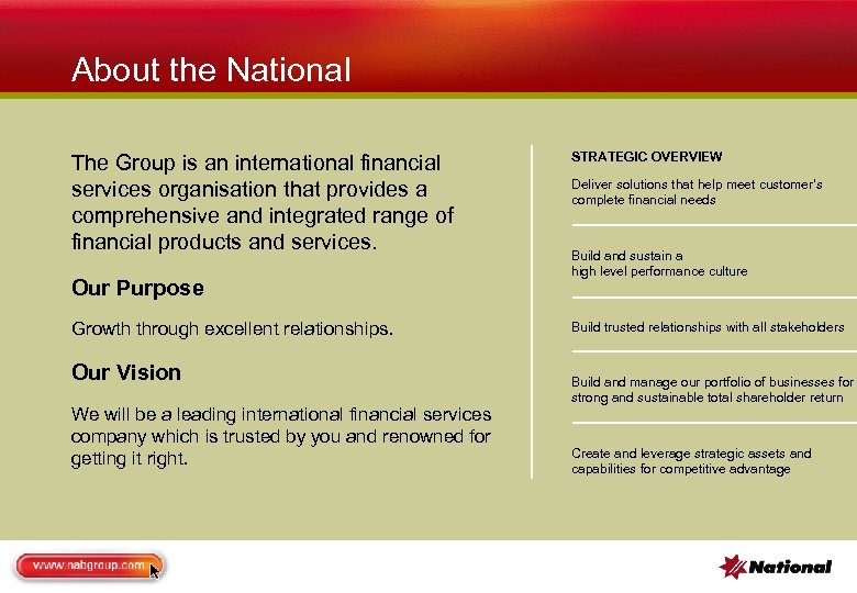 About the National The Group is an international financial services organisation that provides a