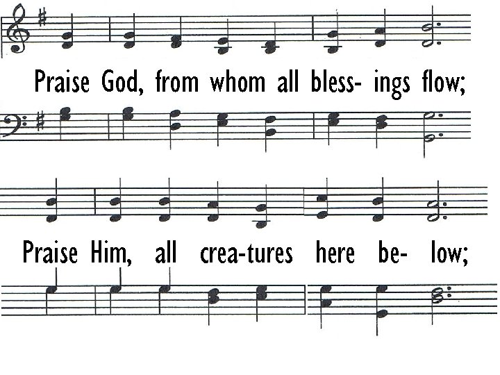 Praise God, from whom all bless- ings flow; Praise Him, all crea-tures here be-