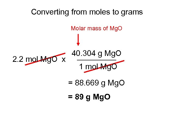 Converting from moles to grams Molar mass of Mg. O 40. 304 g Mg.