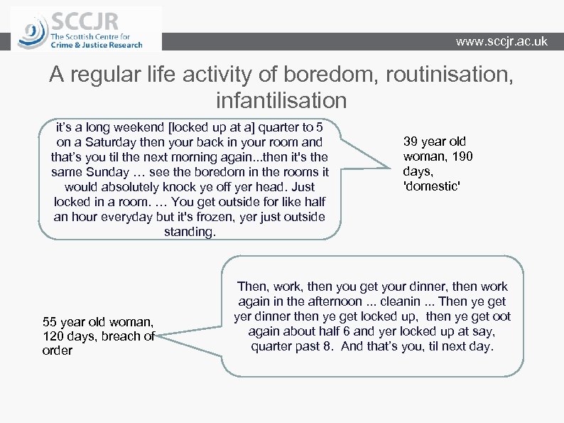 www. sccjr. ac. uk A regular life activity of boredom, routinisation, infantilisation it’s a