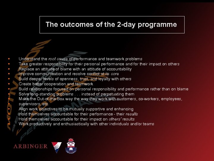 The outcomes of the 2 -day programme § § § § Understand the root