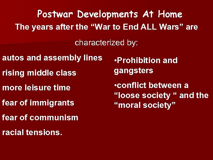 Postwar Developments At Home The years after the “War to End ALL Wars” are