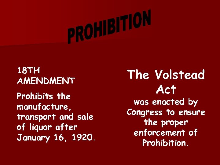 18 TH AMENDMENT Prohibits the manufacture, transport and sale of liquor after January 16,