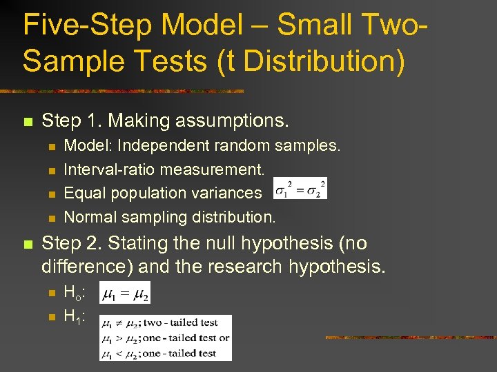 Five-Step Model – Small Two. Sample Tests (t Distribution) n Step 1. Making assumptions.