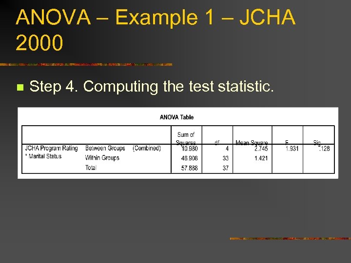 ANOVA – Example 1 – JCHA 2000 n Step 4. Computing the test statistic.