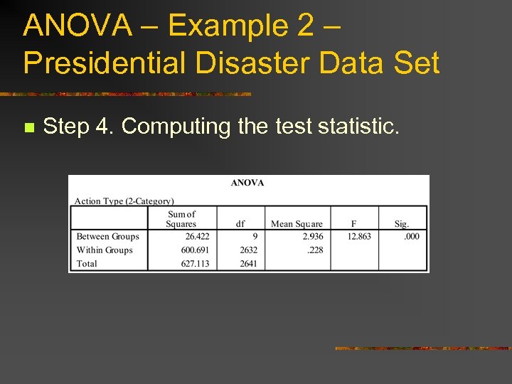 ANOVA – Example 2 – Presidential Disaster Data Set n Step 4. Computing the