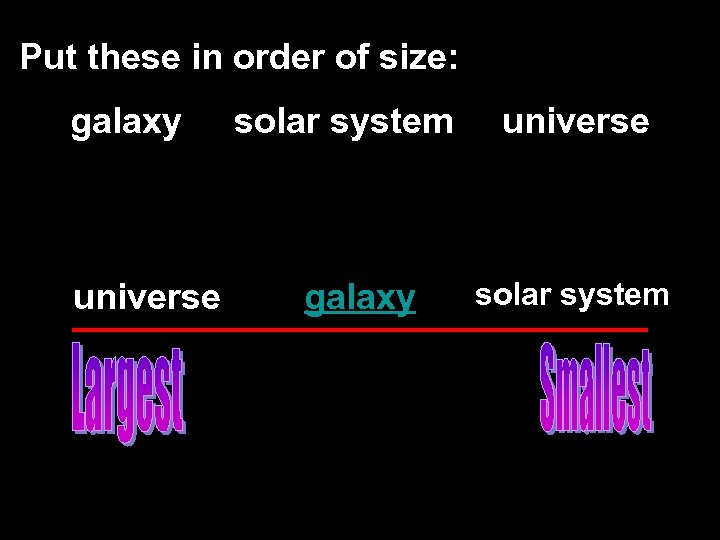 Put these in order of size: galaxy universe solar system 