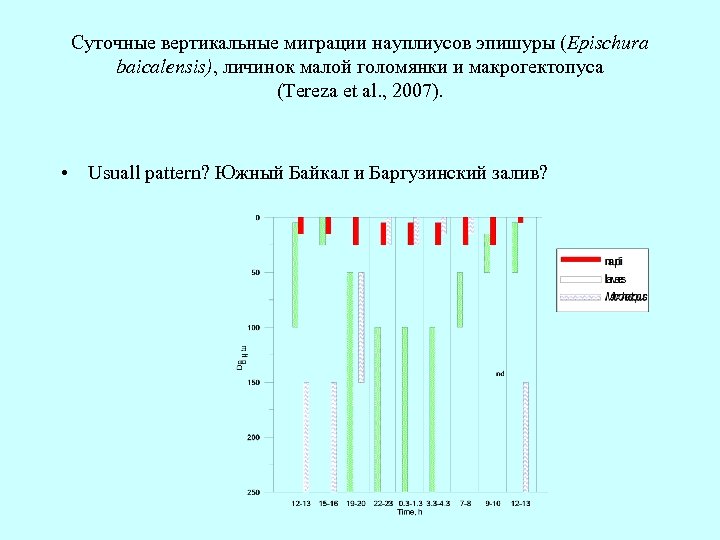 Суточные вертикальные миграции науплиусов эпишуры (Epischura baicalensis), личинок малой голомянки и макрогектопуса (Tereza et