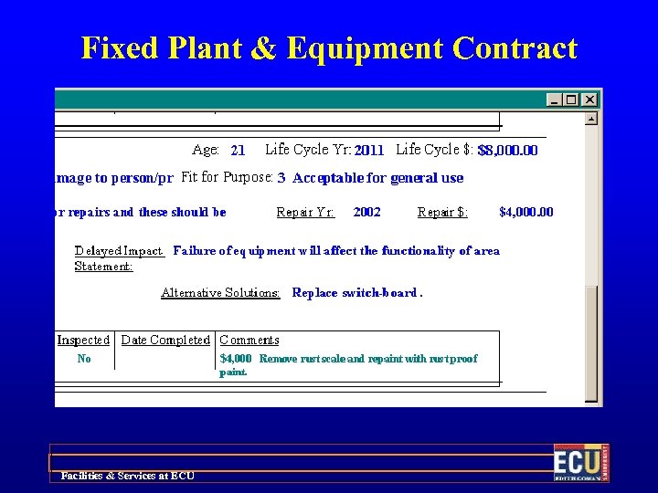 Fixed Plant & Equipment Contract Facilities & Services at ECU 