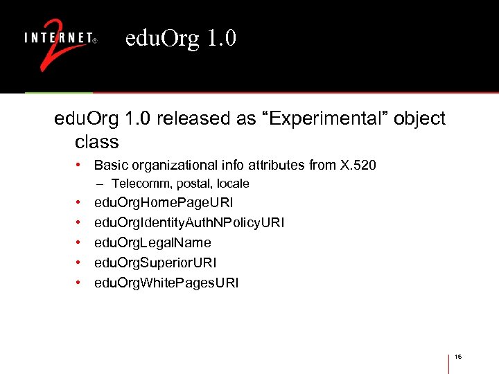 edu. Org 1. 0 released as “Experimental” object class • Basic organizational info attributes