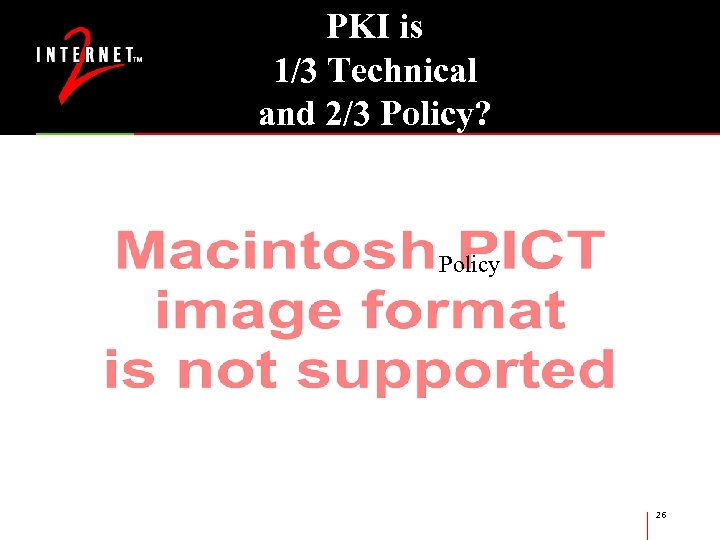 PKI is 1/3 Technical and 2/3 Policy? Technical Policy 26 