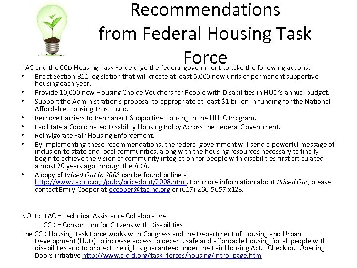Recommendations from Federal Housing Task Force TAC and the CCD Housing Task Force urge