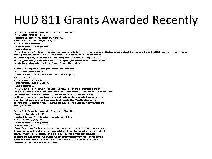 HUD 811 Grants Awarded Recently Section 811 - Supportive Housing for Persons with Disabilities