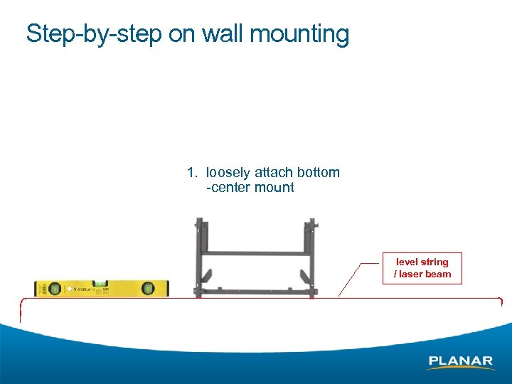 Step-by-step on wall mounting 1. loosely attach bottom -center mount level string / laser