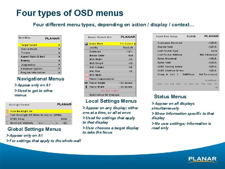 Four types of OSD menus Four different menu types, depending on action / display