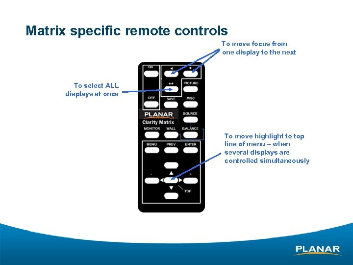 Matrix specific remote controls To move focus from one display to the next To