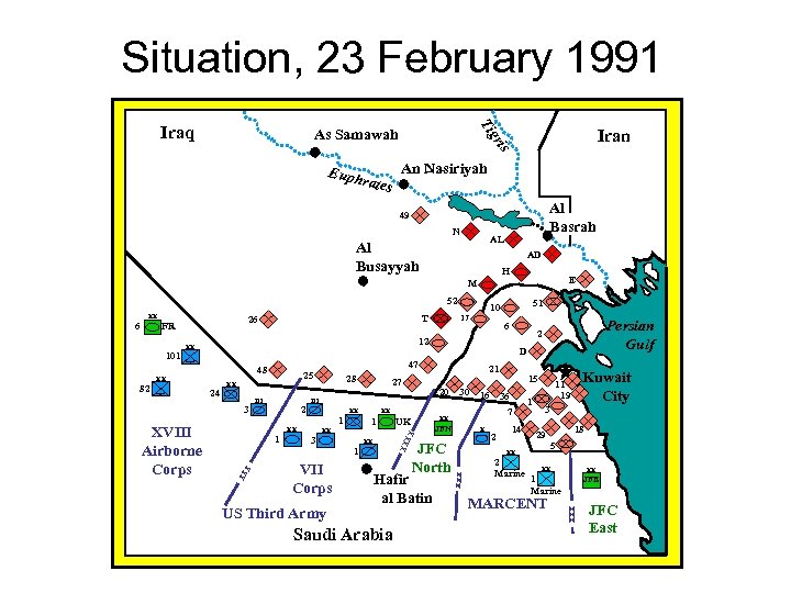Situation, 23 February 1991 Ti Iraq Iran is gr As Samawah An Nasiriyah rates