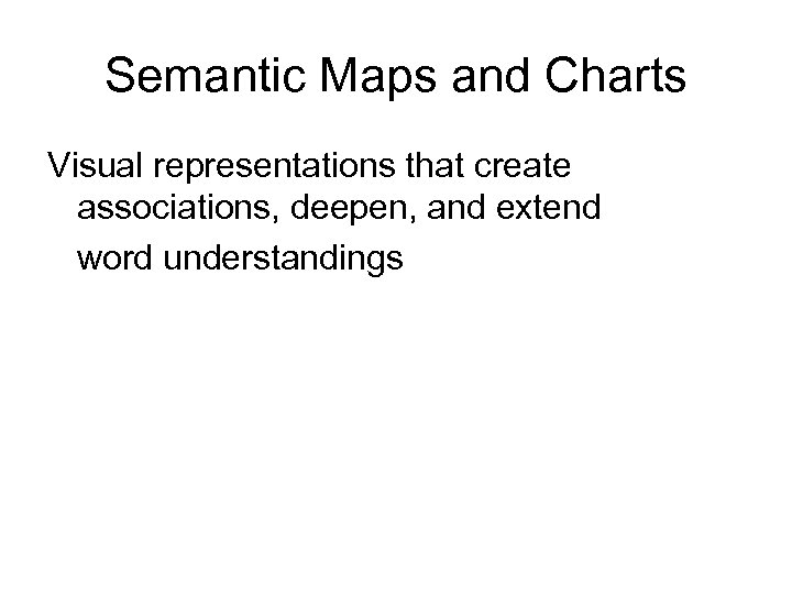 Semantic Maps and Charts Visual representations that create associations, deepen, and extend word understandings