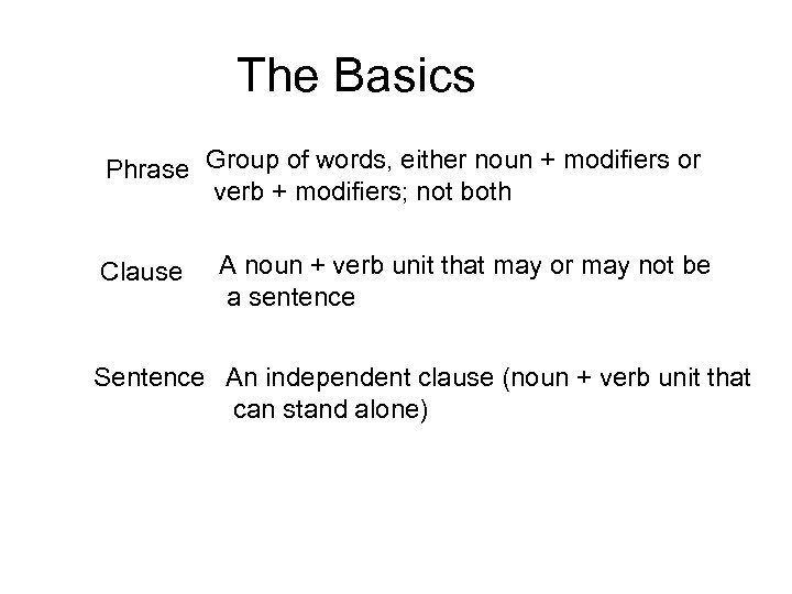 The Basics Phrase Group of words, either noun + modifiers or verb + modifiers;