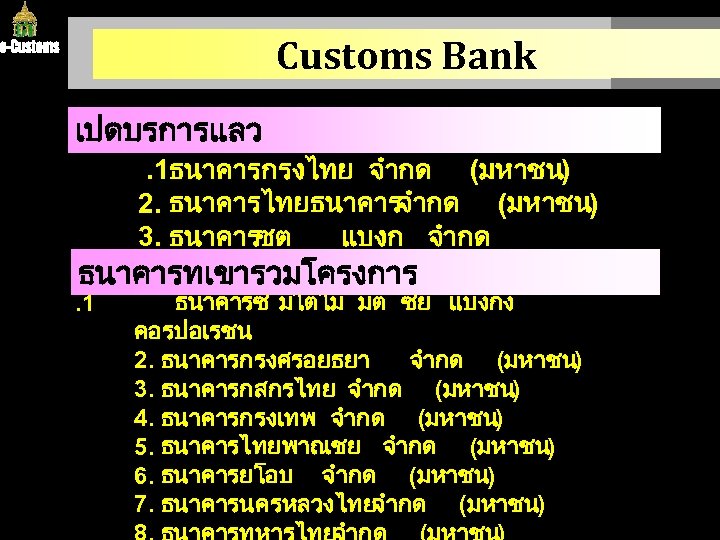 Customs Bank เปดบรการแลว . 1ธนาคารกรงไทย จำกด (มหาชน) 2. ธนาคารไทยธนาคารจำกด (มหาชน) 3. ธนาคารซต แบงก จำกด