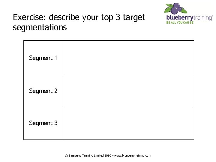 Exercise: describe your top 3 target segmentations Segment 1 Segment 2 Segment 3 ©