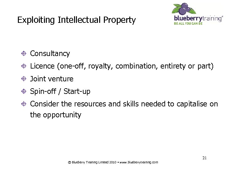 Exploiting Intellectual Property Consultancy Licence (one-off, royalty, combination, entirety or part) Joint venture Spin-off