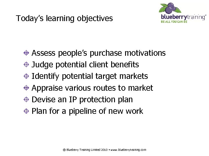 Today’s learning objectives Assess people’s purchase motivations Judge potential client benefits Identify potential target
