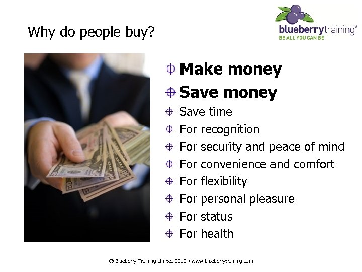 Why do people buy? Make money Save time For recognition For security and peace