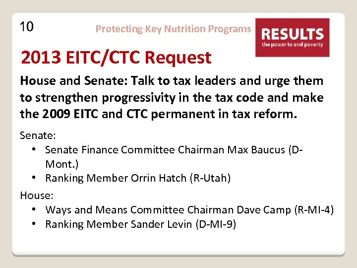 10 Protecting Key Nutrition Programs 2013 EITC/CTC Request House and Senate: Talk to tax
