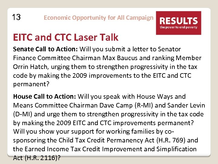 13 Economic Opportunity for All Campaign EITC and CTC Laser Talk Senate Call to