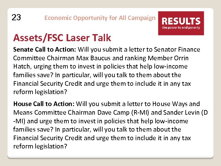 23 Economic Opportunity for All Campaign Assets/FSC Laser Talk Senate Call to Action: Will