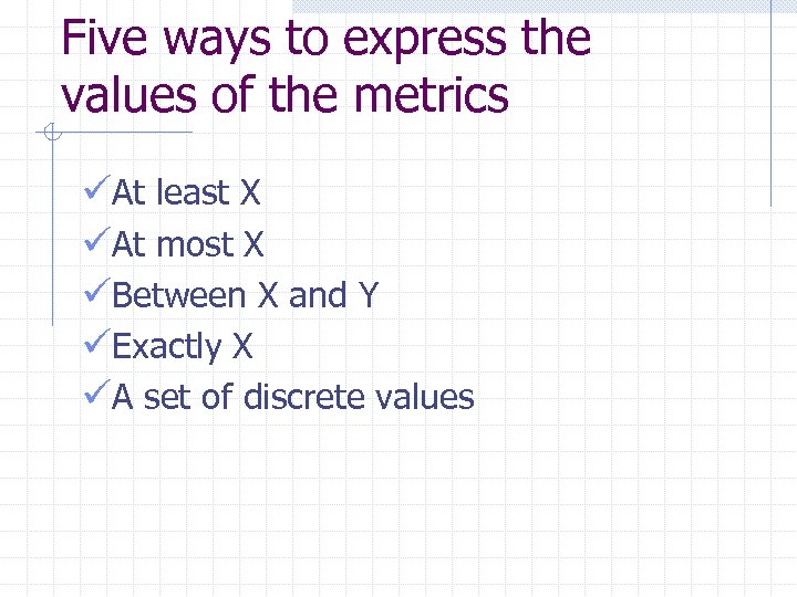 Five ways to express the values of the metrics üAt least X üAt most