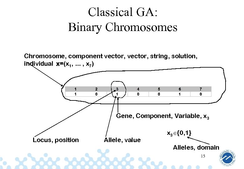 Classical GA: Binary Chromosomes Chromosome, component vector, string, solution, individual x=(x 1, . .