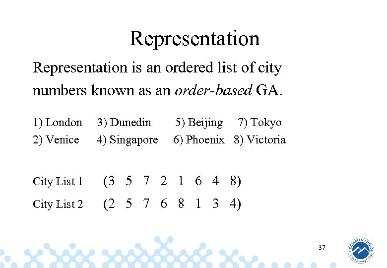 Representation is an ordered list of city numbers known as an order-based GA. 1)