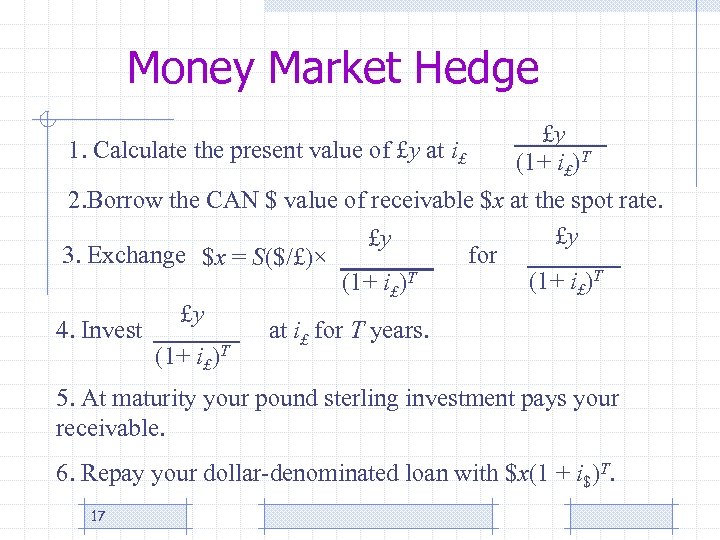 Money Market Hedge 1. Calculate the present value of £y at i£ £y (1+