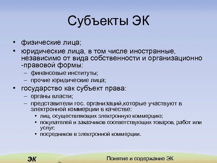 Субъекты ЭК • физические лица; • юридические лица, в том числе иностранные, независимо от