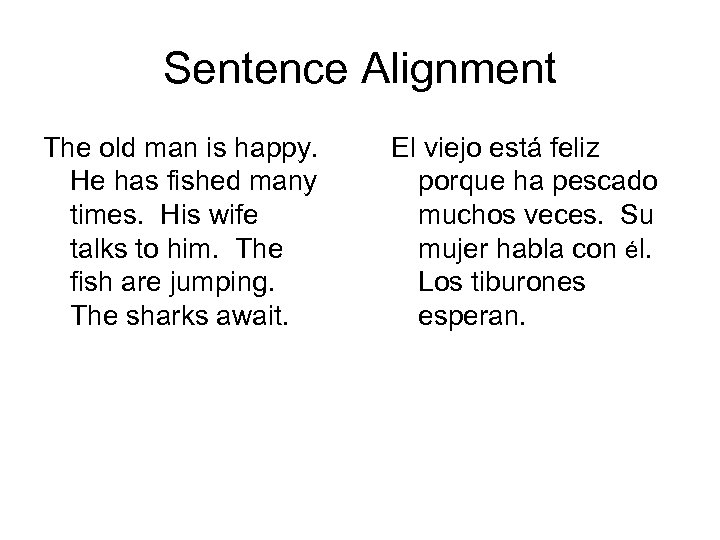 Sentence Alignment The old man is happy. He has fished many times. His wife