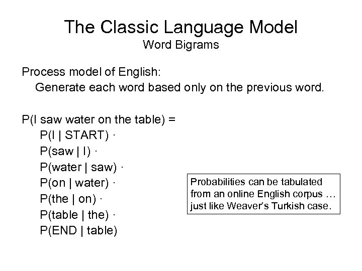 The Classic Language Model Word Bigrams Process model of English: Generate each word based