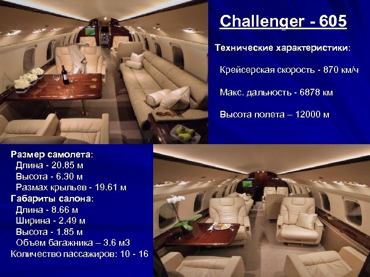 Challenger - 605 Технические характеристики: Крейсерская скорость - 870 км/ч Макс. дальность - 6878