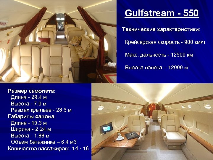 Gulfstream - 550 Технические характеристики: Крейсерская скорость - 900 км/ч Макс. дальность - 12500